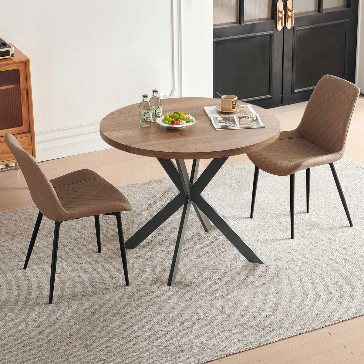 PU Leather Dining Chairs Set of 4, Modern Armless Dining Room Chairs, Comfy Upholstered Kitchen Chairs with Backrest, Black Metal Legs for Living Room, Dinning Room, Beige