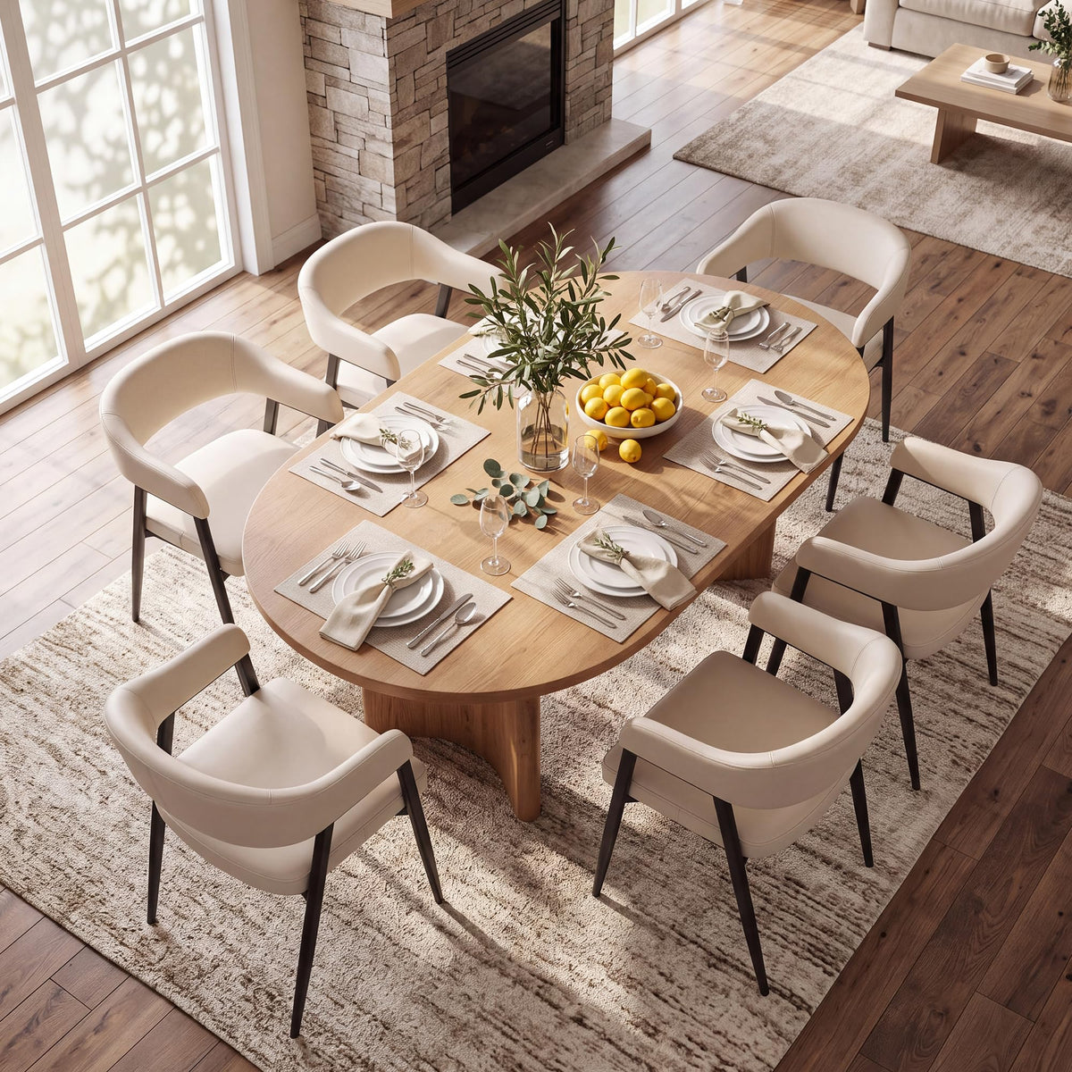 HNY Modern Dining Room Arm Chairs Set of 6, Retro Faux Leather Upholstered Barrel Dining Chairs with Arms Mid-Century Brown Accent Chair with Metal Legs, Open-Back Kitchen Side Chair for Living Room