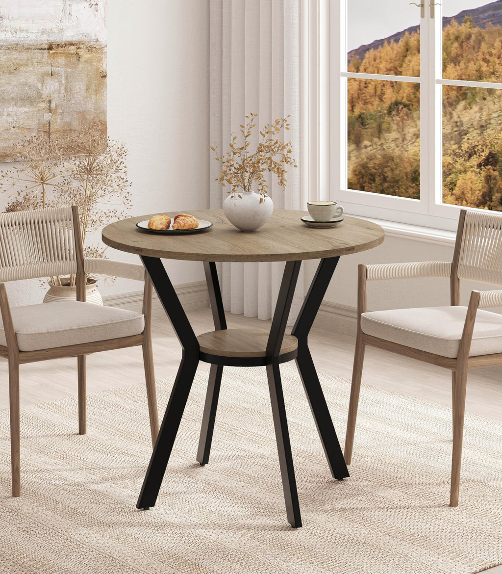 42" Round Dining Table for 4, Farmhouse Kitchen Table with Storage, Space Saving Circle Dinner Table, Rustic Wood Kitchen & Dining Room Tables with Metal Legs for Home, Apartment, Office, Restaurant