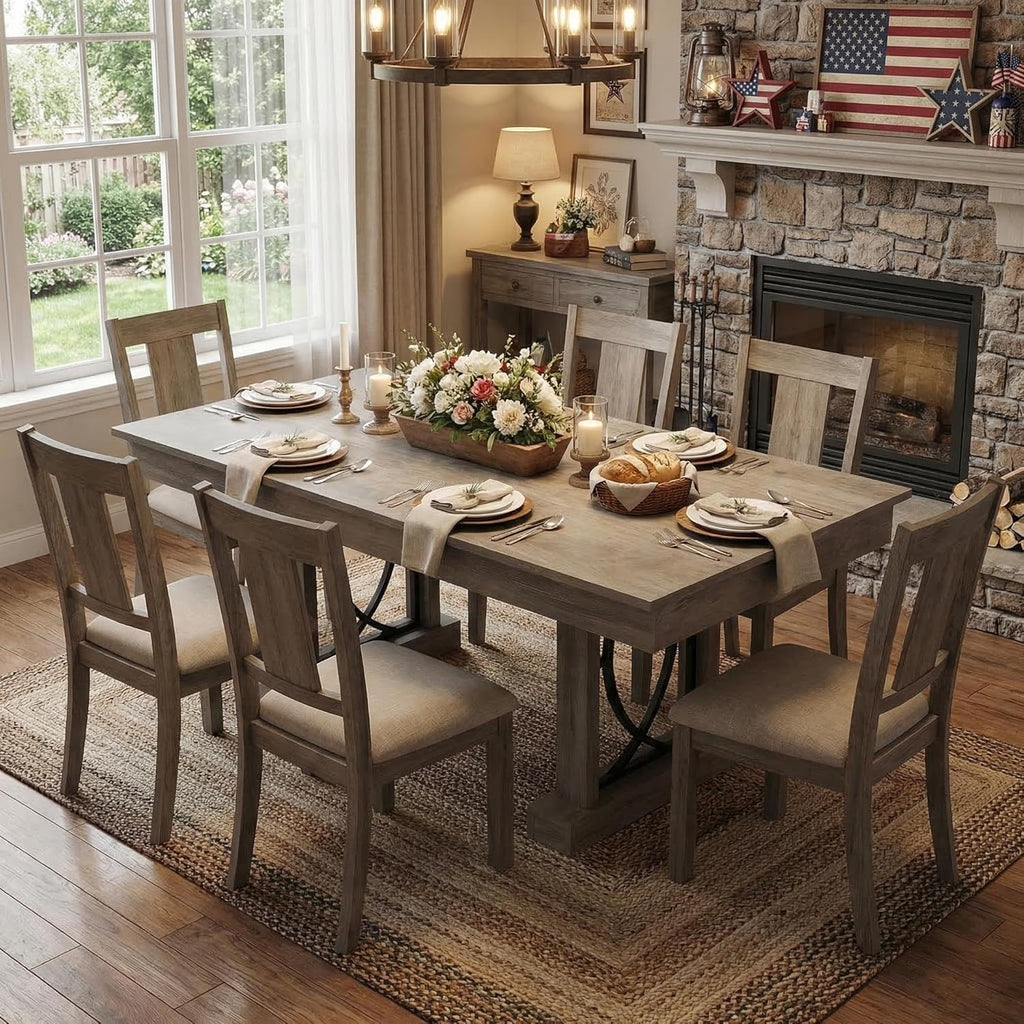 IDEALHOUSE Wooden Dining Table for 6-8 People with 2 Large Drawers, 71 in Long Farmhouse Rectangular Kitchen Dining Table & Thick Table Top, Sturdy Frame, for Big Family, Dinette, Rustic Gray