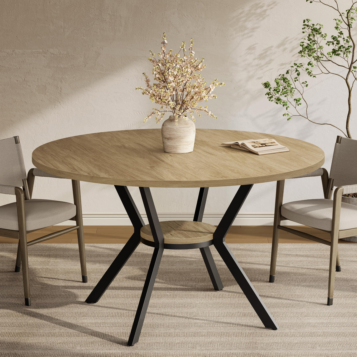 42" Round Dining Table for 4, Farmhouse Kitchen Table with Storage, Space Saving Circle Dinner Table, Rustic Wood Kitchen & Dining Room Tables with Metal Legs for Home, Apartment, Office, Restaurant
