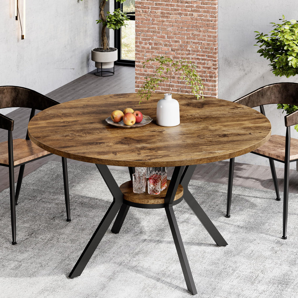42" Round Dining Table for 4, Farmhouse Kitchen Table with Storage, Space Saving Circle Dinner Table, Rustic Wood Kitchen & Dining Room Tables with Metal Legs for Home, Apartment, Office, Restaurant