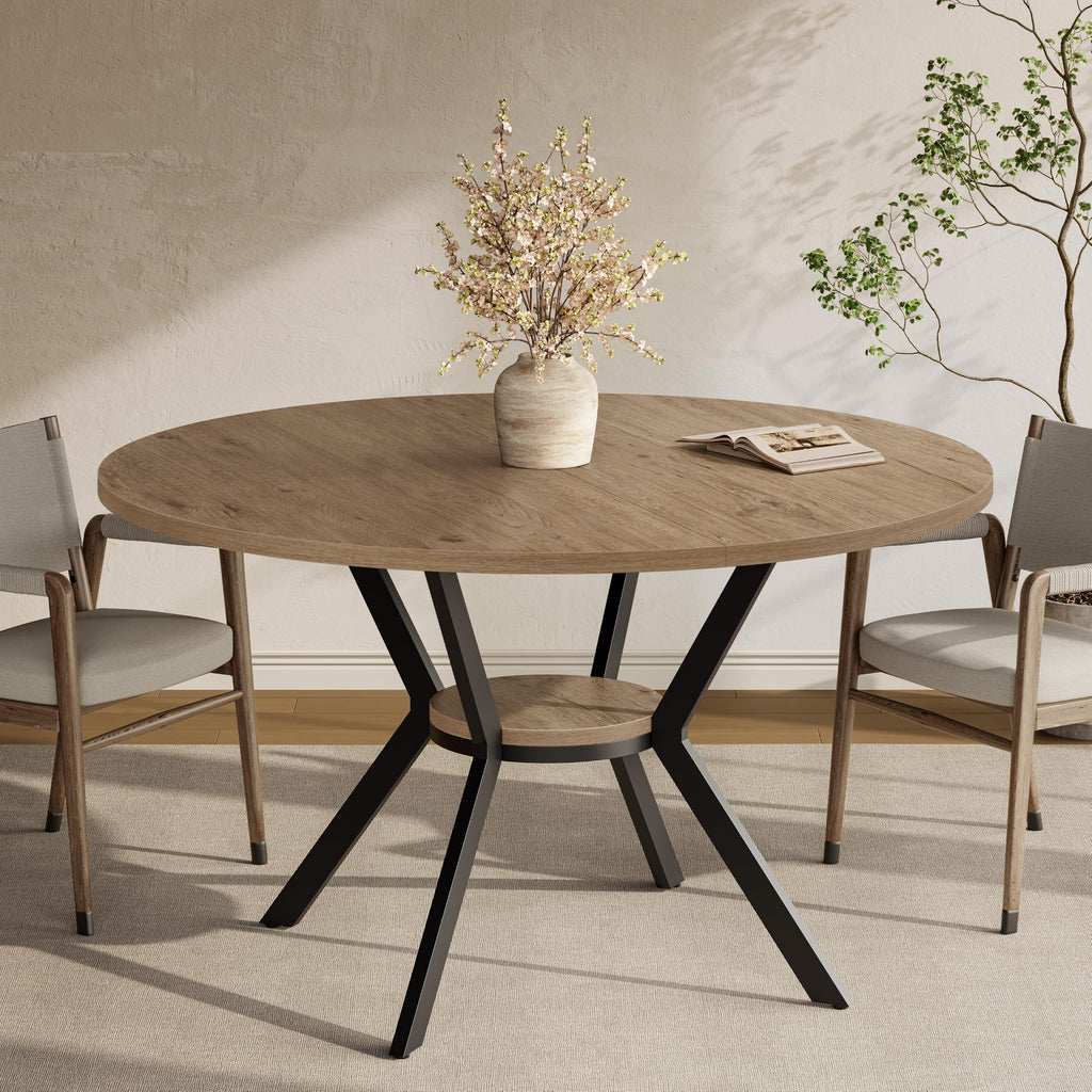 42" Round Dining Table for 4, Farmhouse Kitchen Table with Storage, Space Saving Circle Dinner Table, Rustic Wood Kitchen & Dining Room Tables with Metal Legs for Home, Apartment, Office, Restaurant
